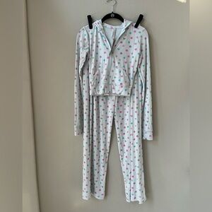 SKIMS SOFT LOUNGE ZIP UP JACKET AND PANTS IN CLOUD CANDY HEART PRINT XS